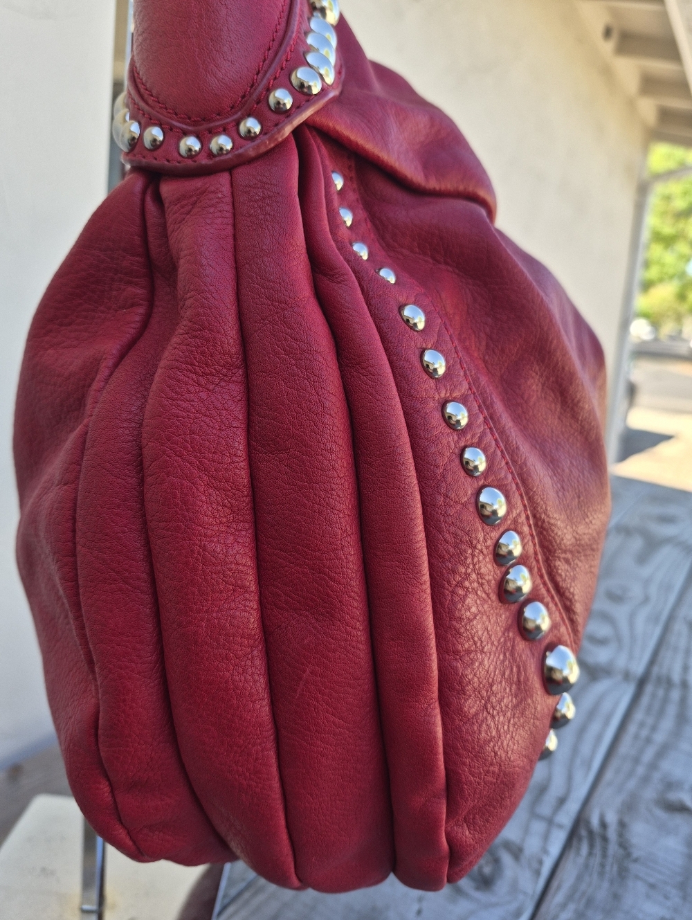 B. Makowsky Vintage Leather Studded Red Hobo Shoulder Bag - Picture 8 of 16
